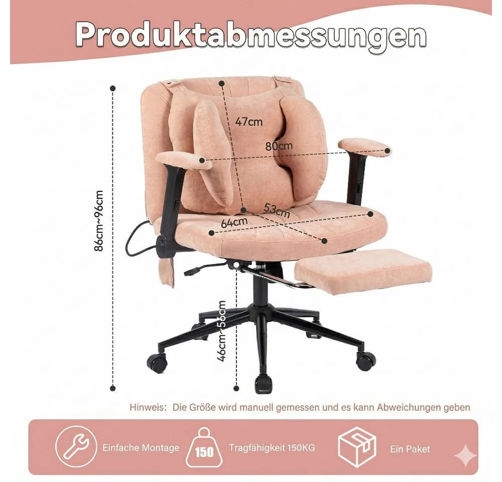 Leawin Bürostuhl Rosa mit Air-Lordosenstütze und breitem Sitz