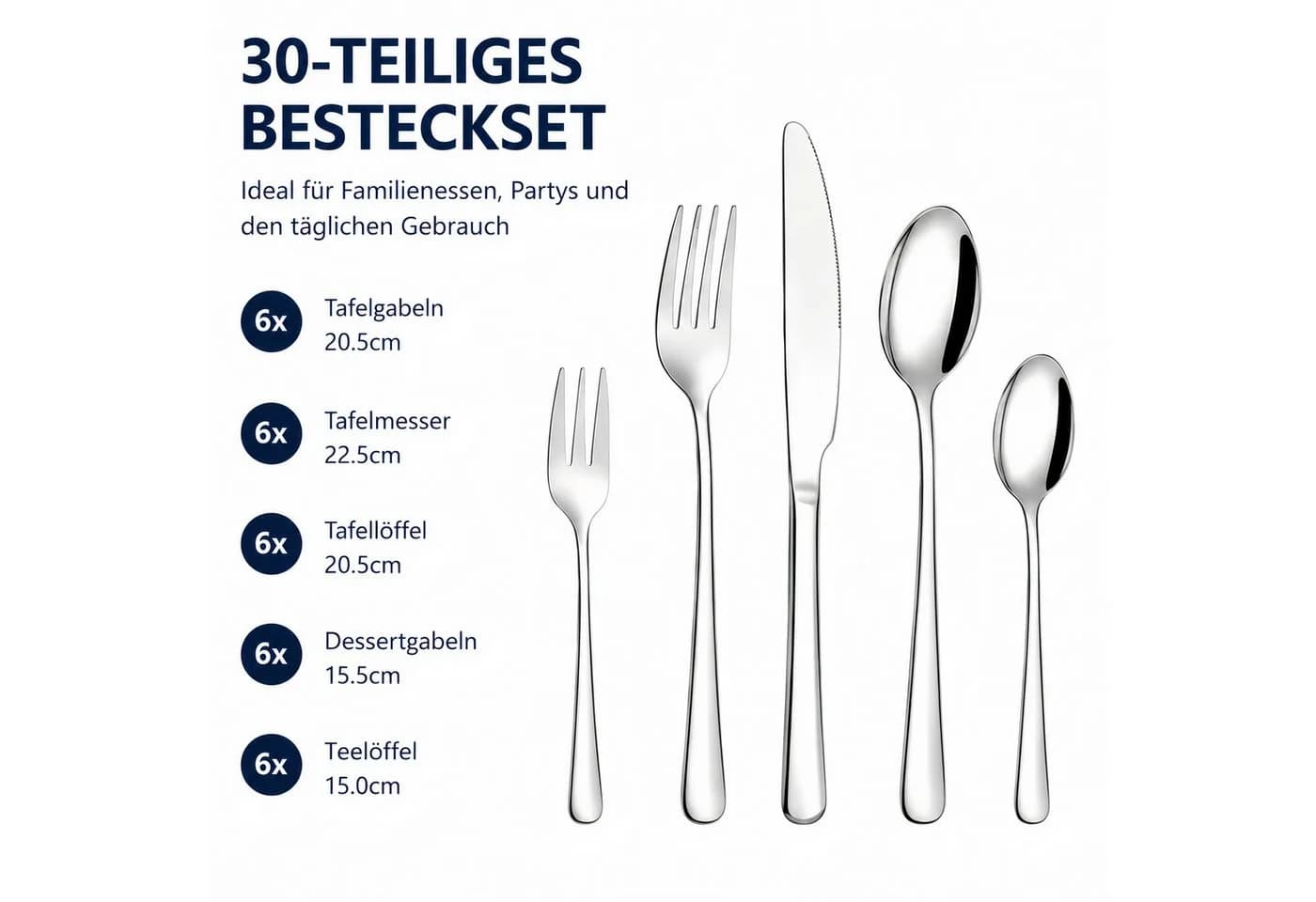 ibettertec Besteck-Set 30-tlg. Edelstahl Silber Modern