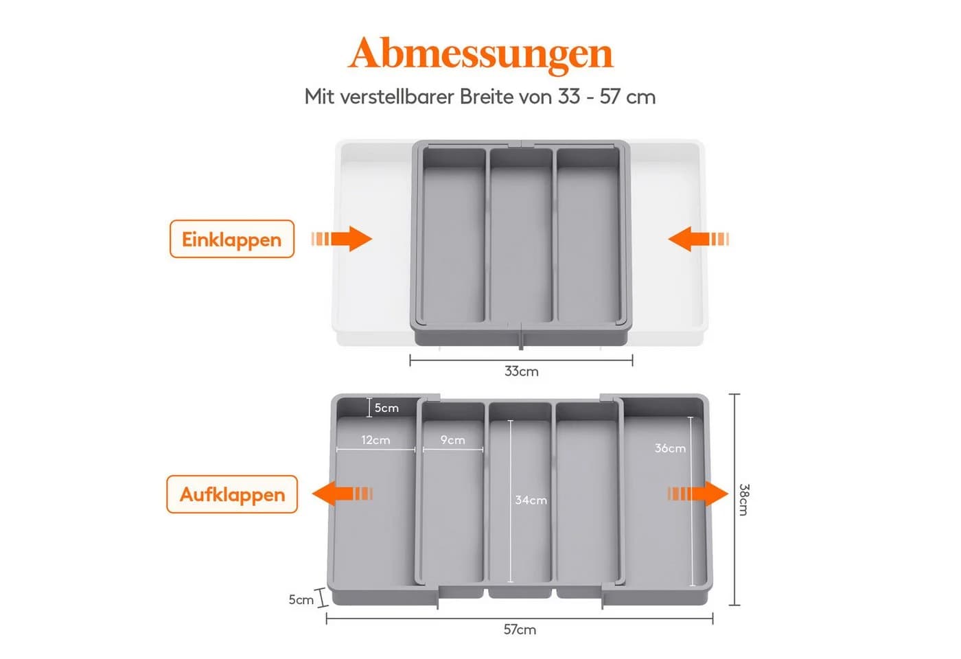 Lifewit Besteckeinsatz Grau, Erweiterbar auf 57 cm