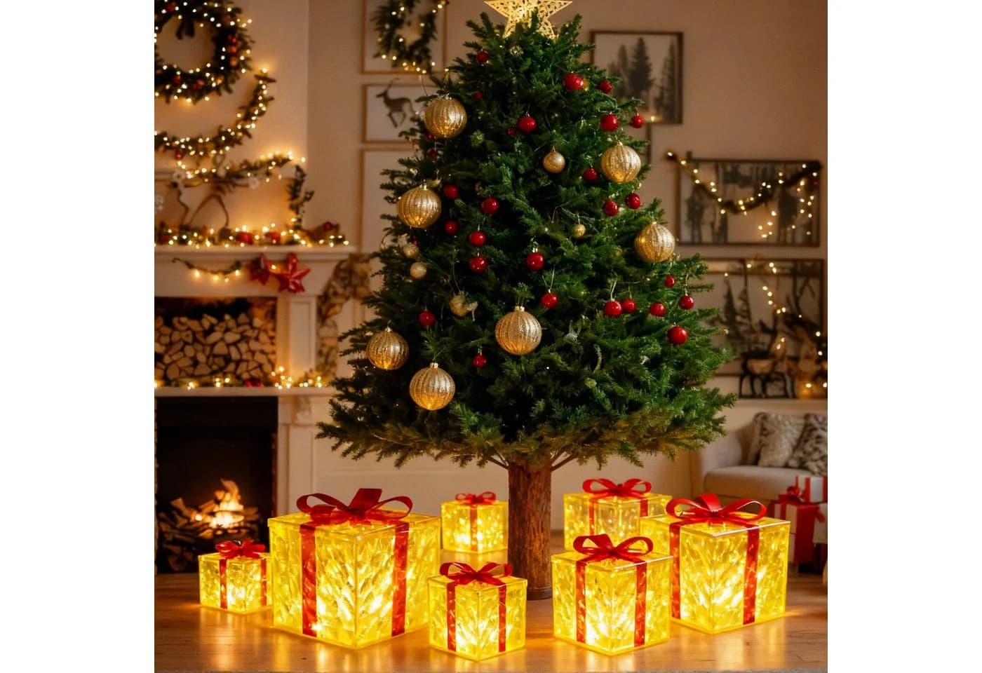 Nettlife LED Geschenkbox 3er Weihnachten Deko Leuchtfiguren Rot-Weiß