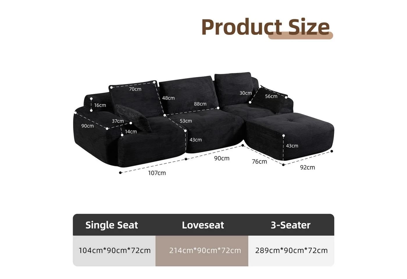 Leawin 3-2-1 Sitzer Sofa mit Schlaffunktion Schwarz Cord