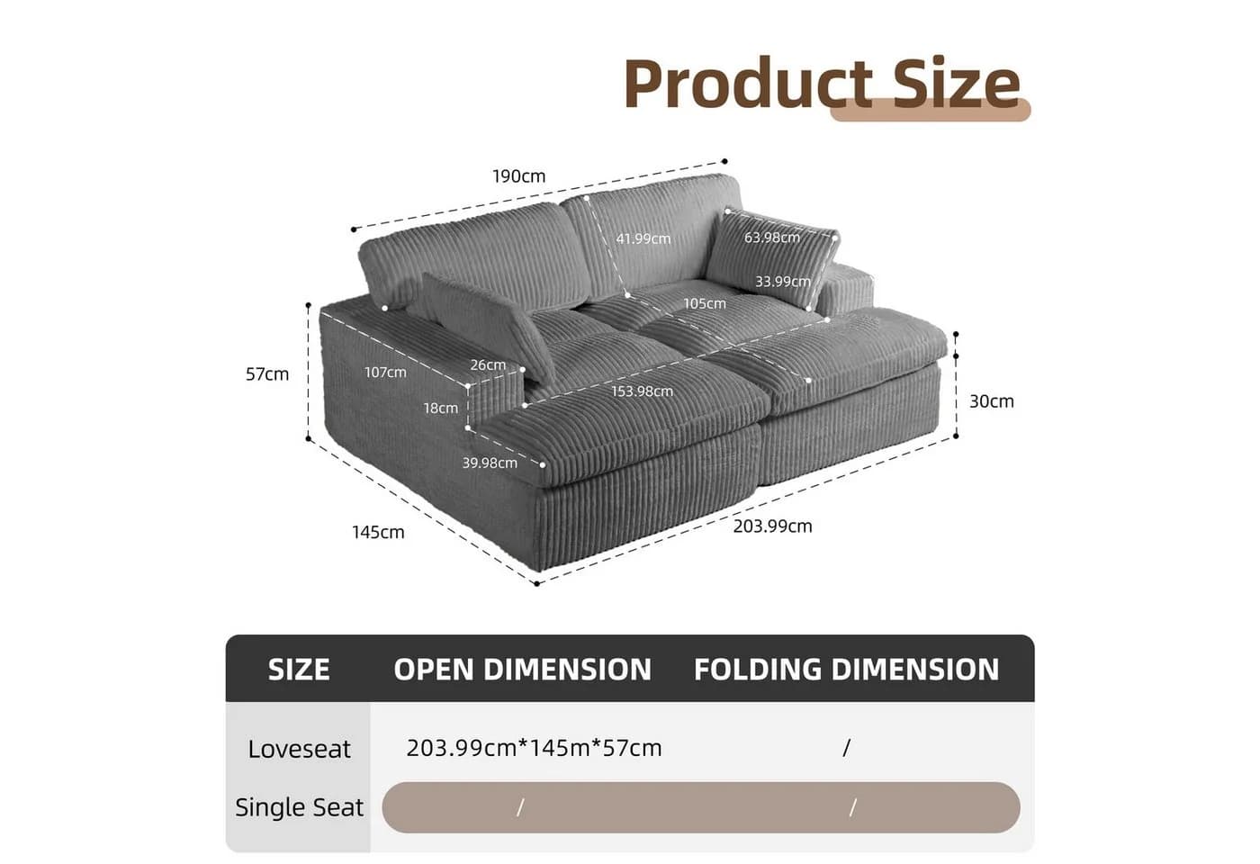 Leawin Cordsofa 2-Sitzer Bettfunktion Grau Modernes Schlafsofa