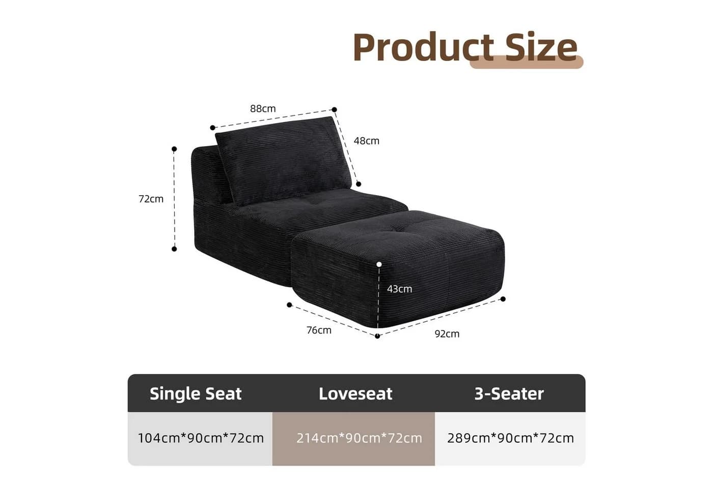 Leawin Lounge Sessel mit Hocker Cordstoff Schwarz
