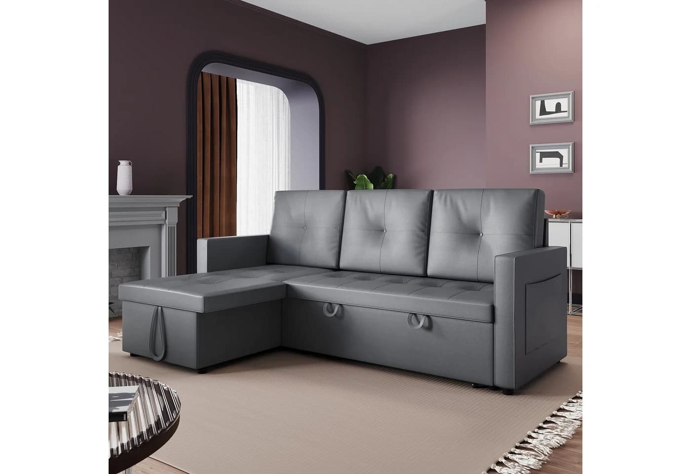 SONNI Schlafsofa Ecksofa 3-Sitzer Kunstleder Dunkelgrau