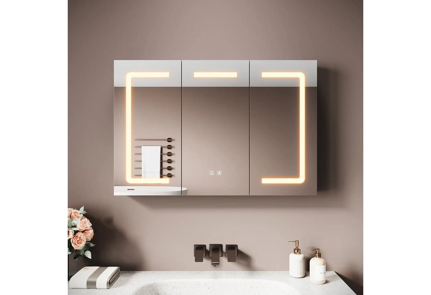 SONNI Spiegelschrank Badezimmer mit LED-Beleuchtung, Anti-Beschlag, 3 Farbtemperaturen, 90x60x13cm