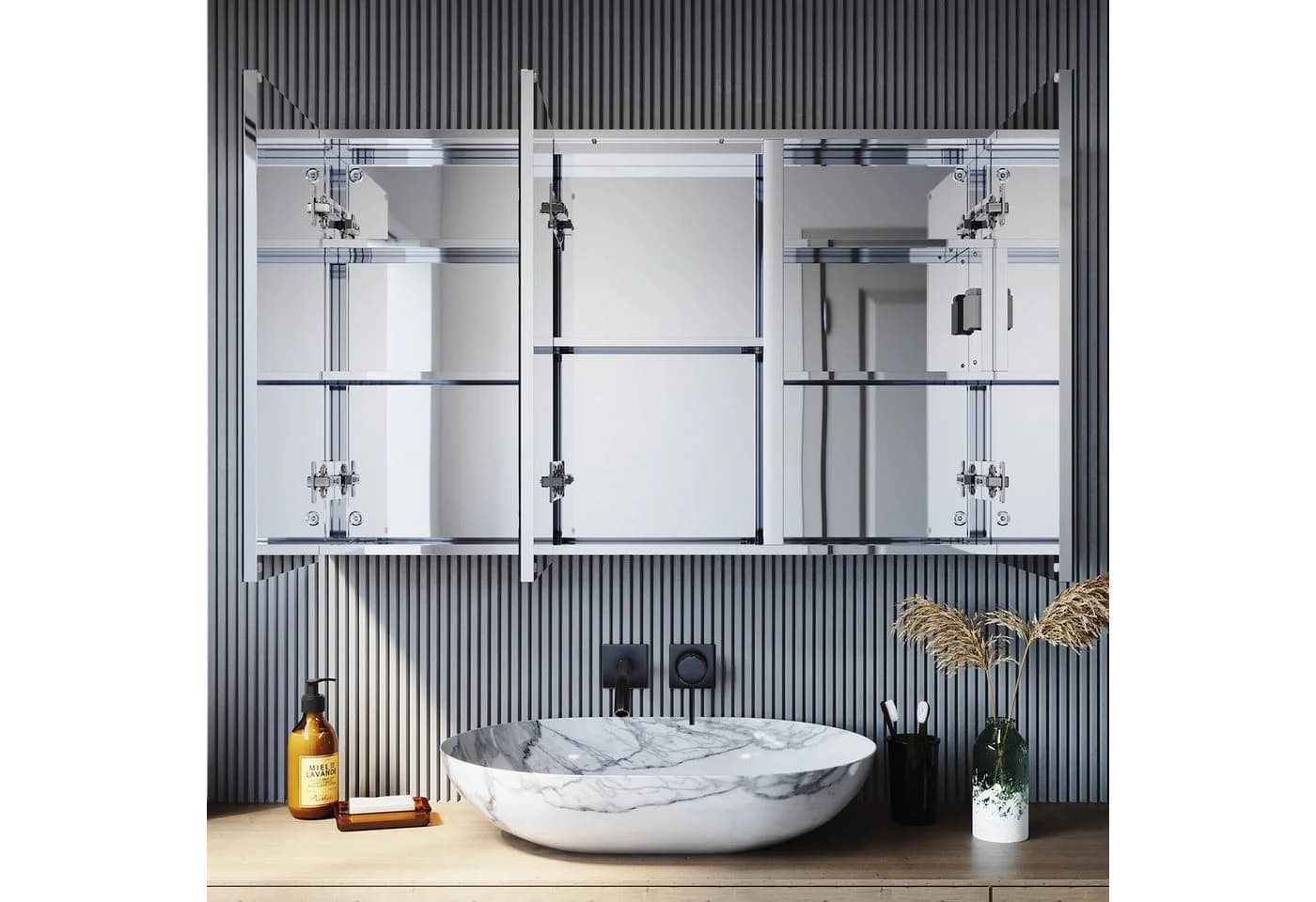 SONNI Spiegelschrank 105 cm x 65 cm mit Touch und Steckdose, 3-türig, Anti-Fog