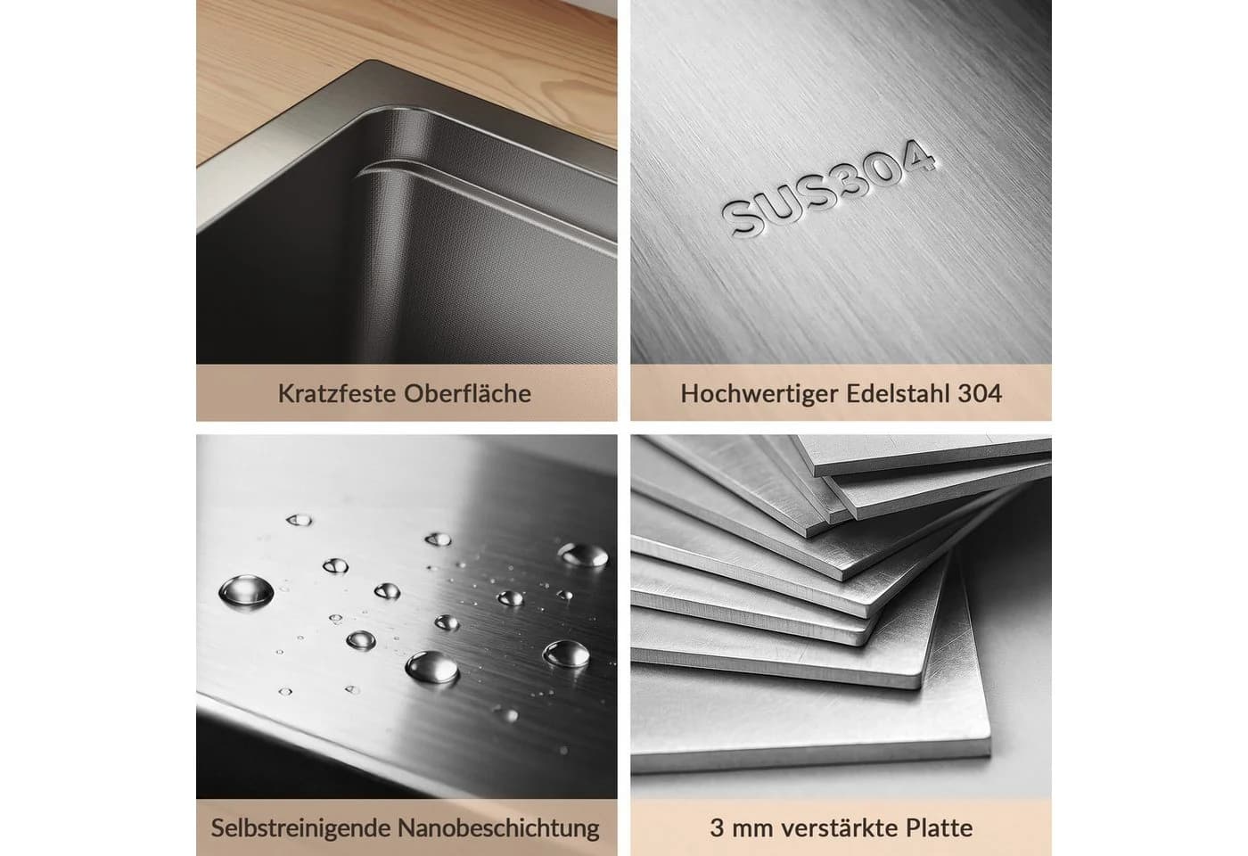 SONNI Küchenspüle Edelstahl Schwarz 70 cm mit Nano-Beschichtung