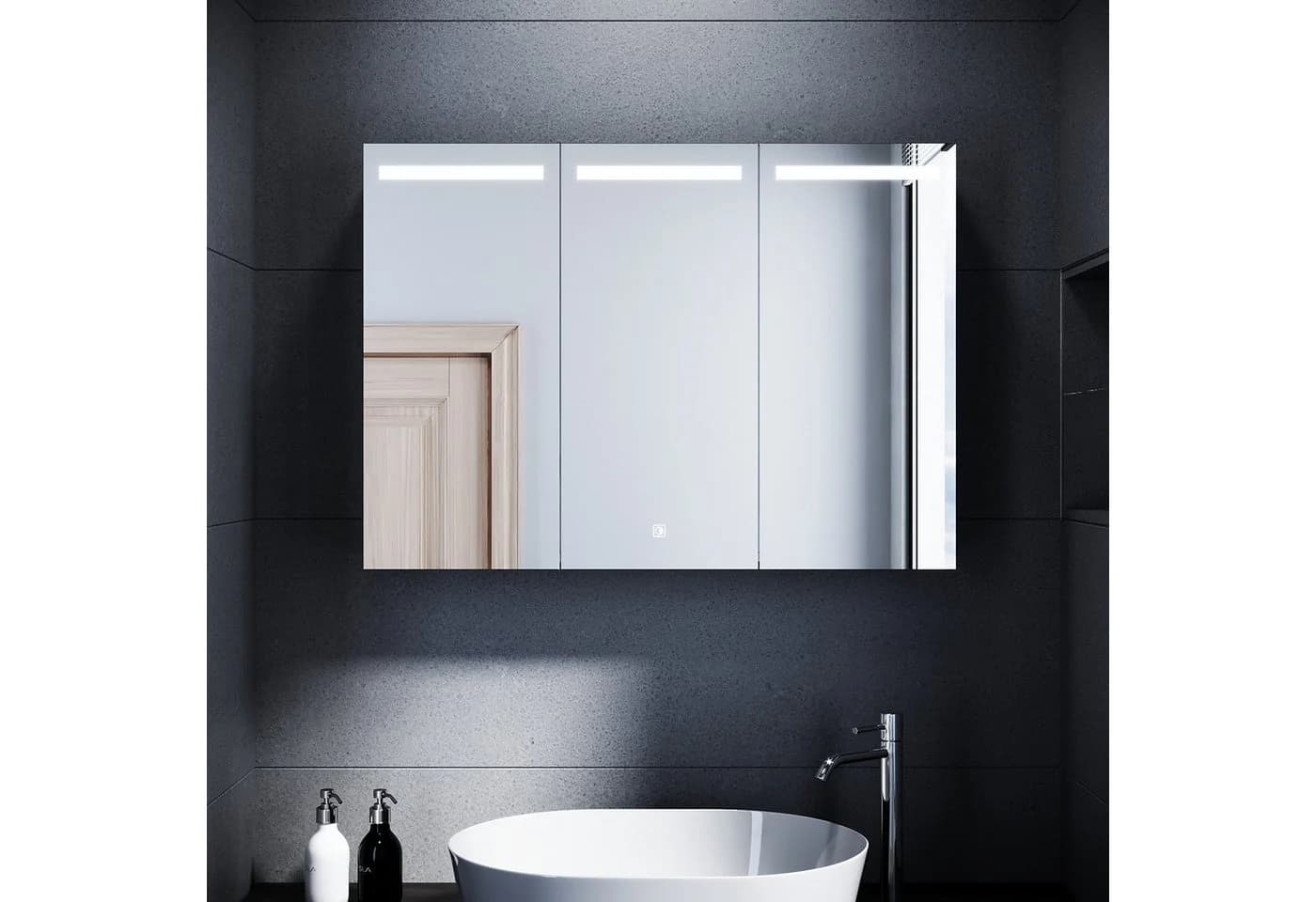 SONNI Spiegelschrank 105x65cm Edelstahl 3-türig mit Beleuchtung