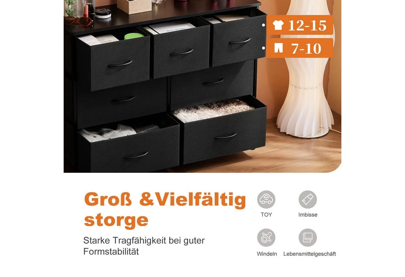 DUMOS Stauraumschrank Kommode mit Stoffschubladen Schwarz