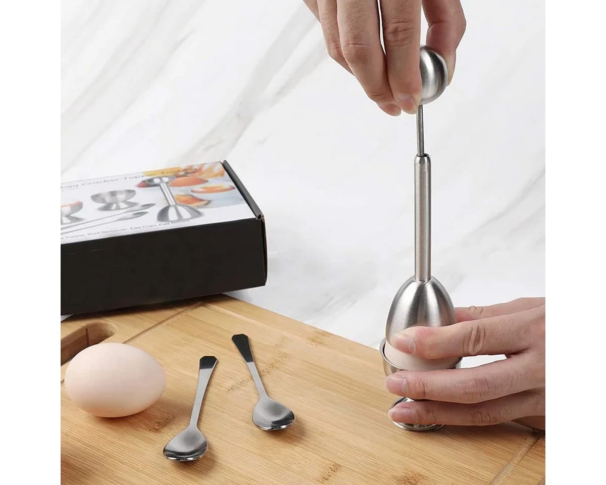 SURFOU Eierköpfer Set 5-tlg. Edelstahl Silber mit Eierbechern & Löffeln