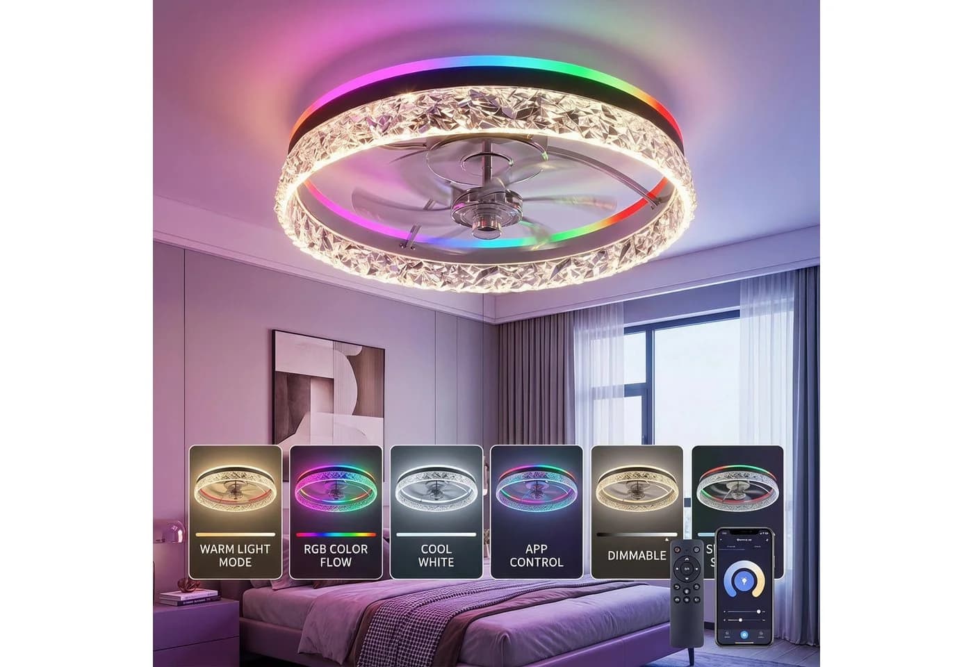 oyajia Deckenventilator 50cm mit Kristall-LED, RGB, 6 Stufen, Fernbedienung