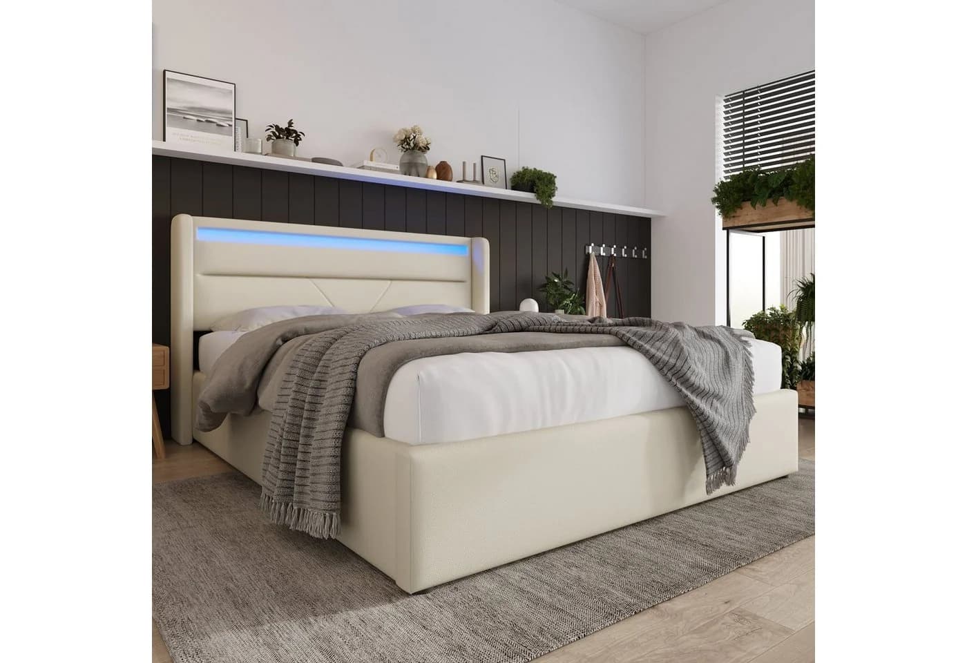 BlingBin Boxspringbett Stauraumbett Polsterbett 140x200cm Doppelbett inkl. LED-Beleuchtung