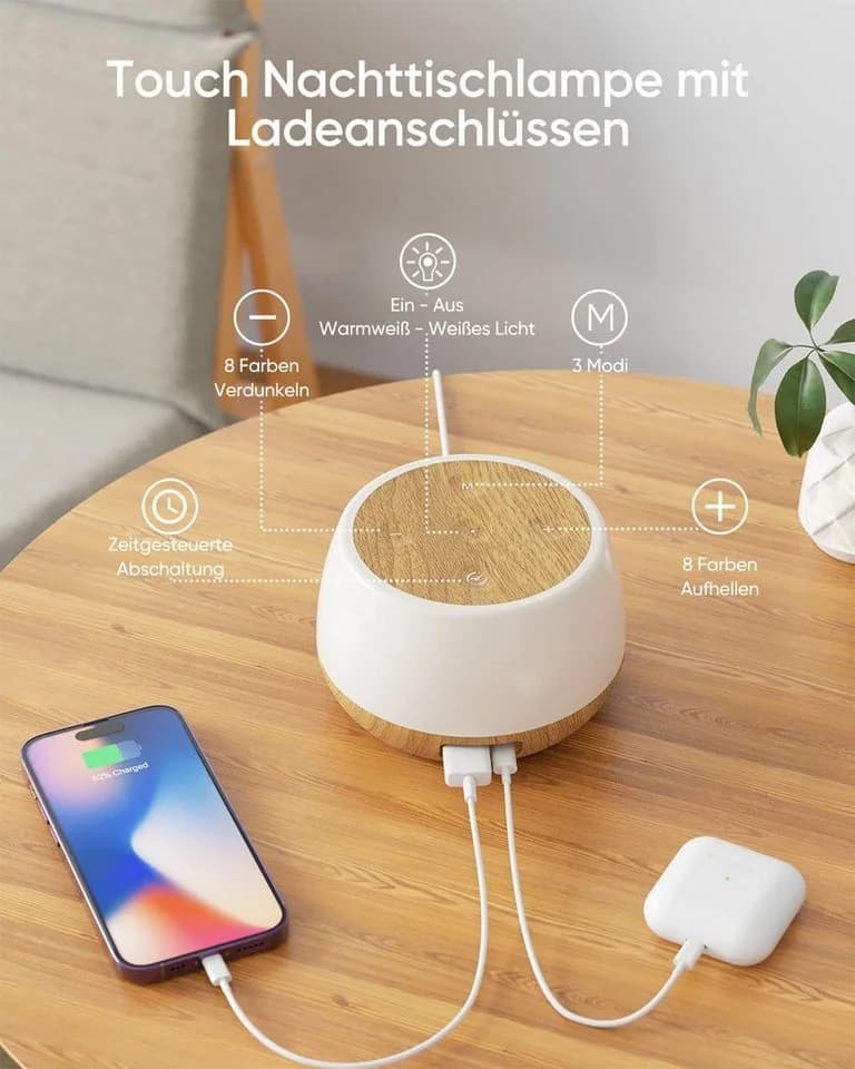 BlingBin LED Nachttischlampe 8 Farben Touch Dimmbar 20W Ladefunktion