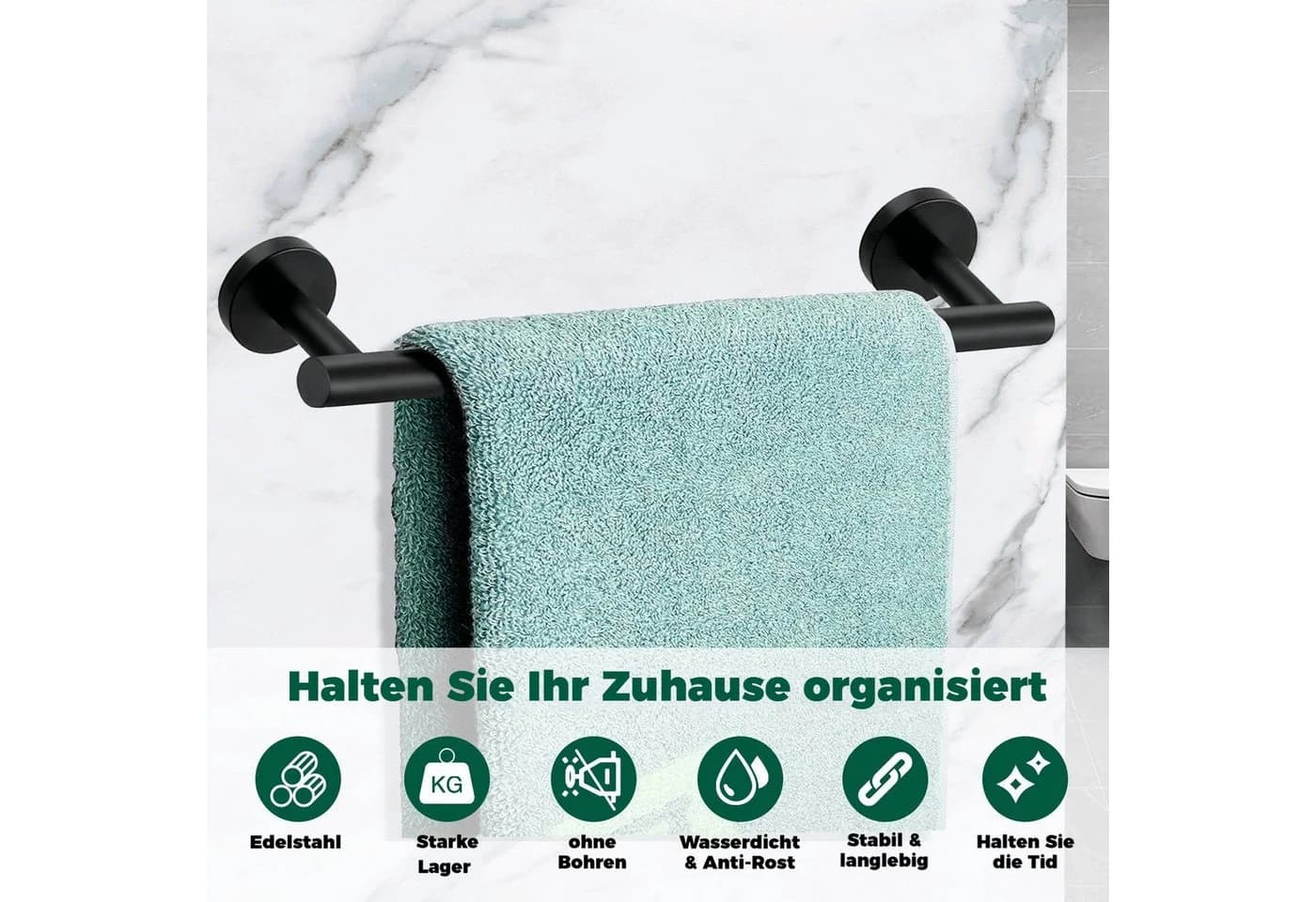 BlingBin Badezimmer-Set 7 IN 1 Handtuchhalter Set Silber/Schwarz Edelstahl