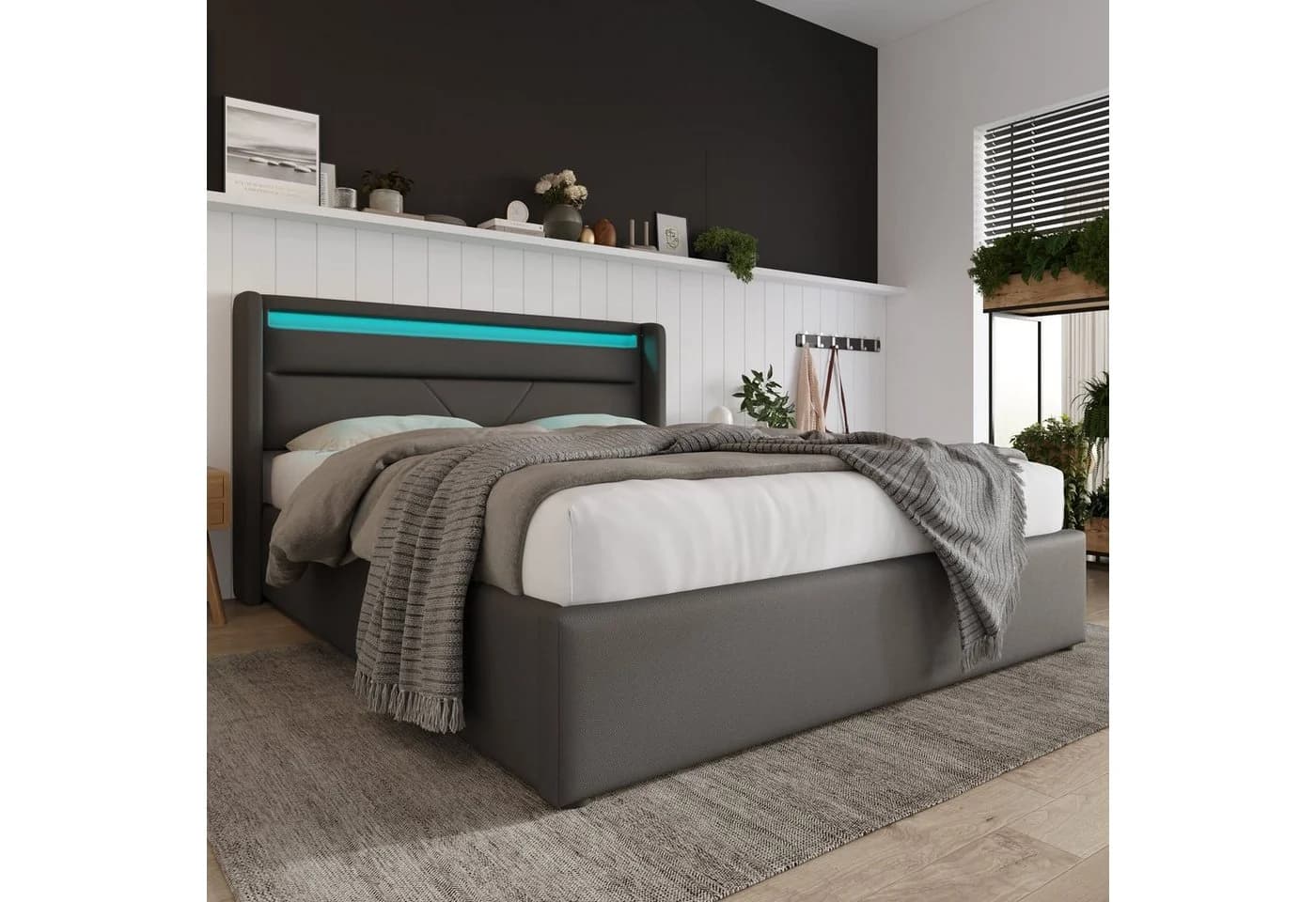 BlingBin Boxspringbett Stauraumbett Polsterbett 140x200cm Doppelbett LED-Beleuchtung
