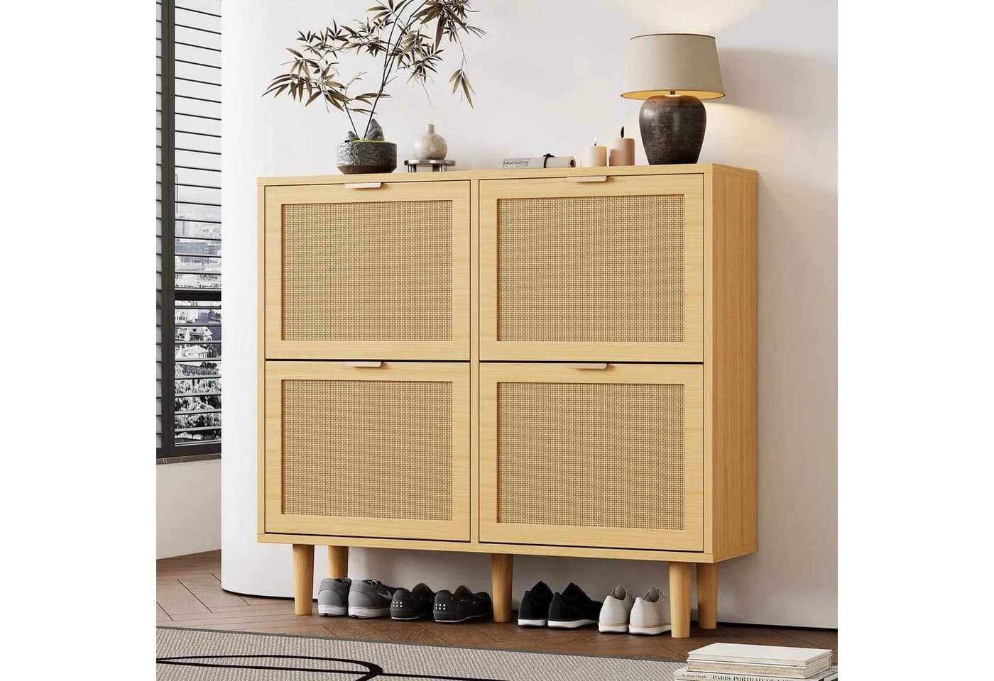 BlingBin Schuhschrank Rattan Landhausstil mit 4 Klapptüren