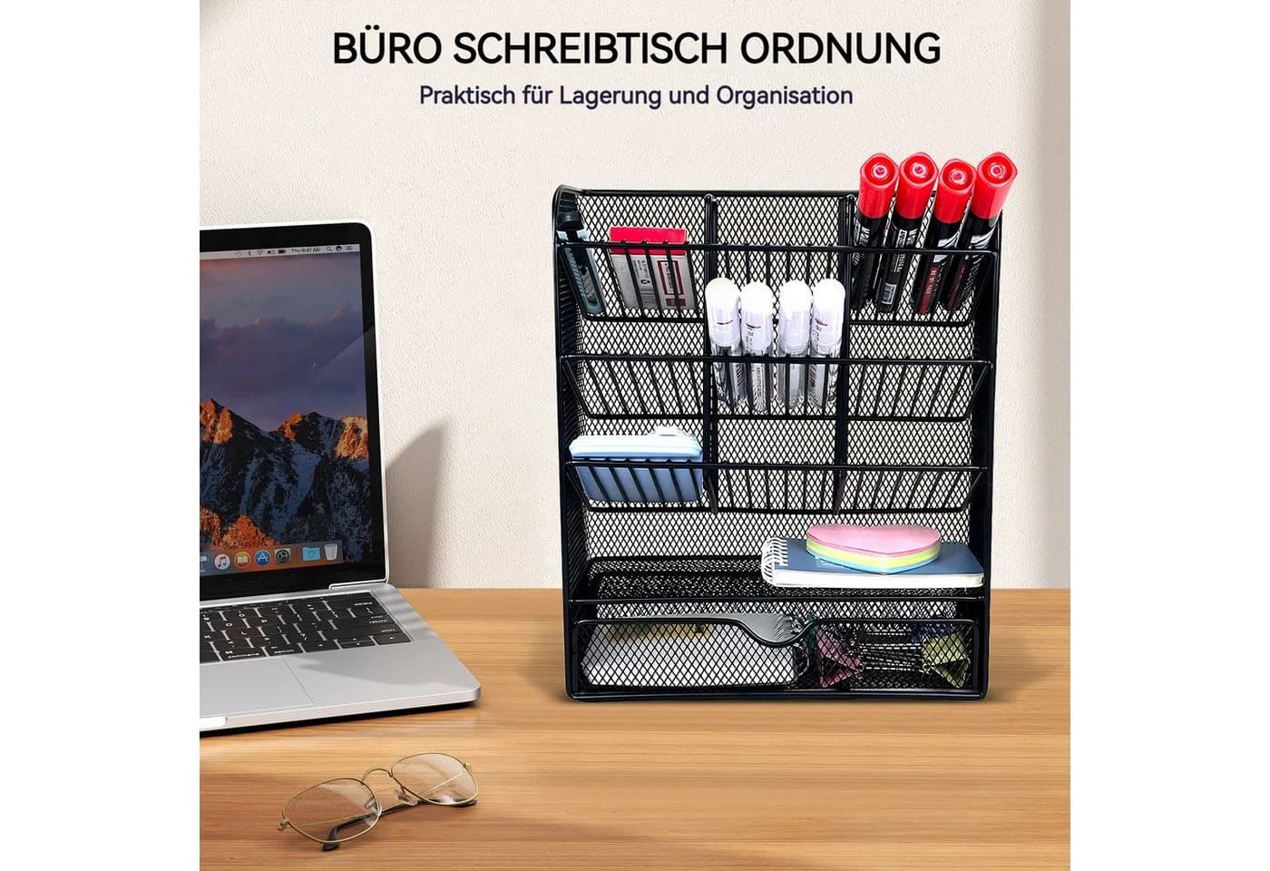 BlingBin Schreibtisch Organizer Schwarz mit Schublade & 9 Fächern