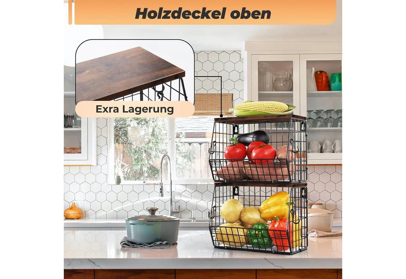 BlingBin Hängekorb Obstkorb mit Holzdeckel Wandkorb Küchenorganisator