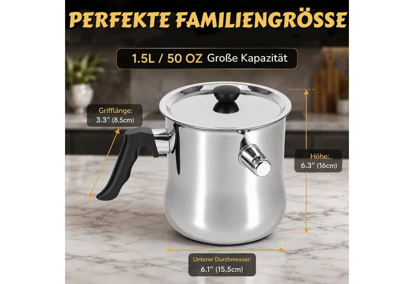 BlingBin Milchtopf 1,5L Doppelwandig Edelstahl mit Pfeifdeckel