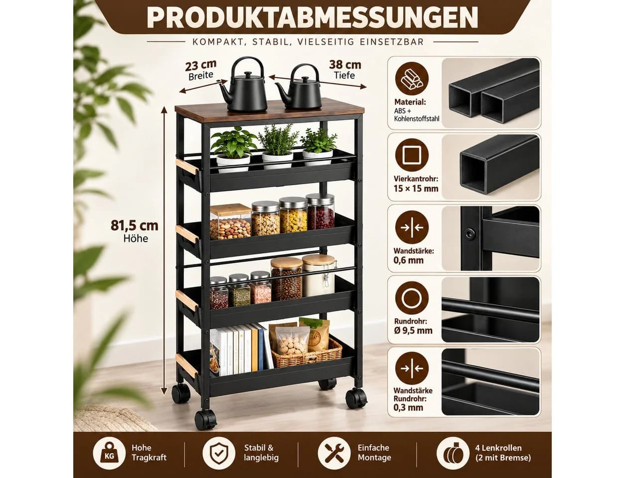LEMLIT Küchenwagen 5 Ebenen Braun/Schwarz Mit Schubladen