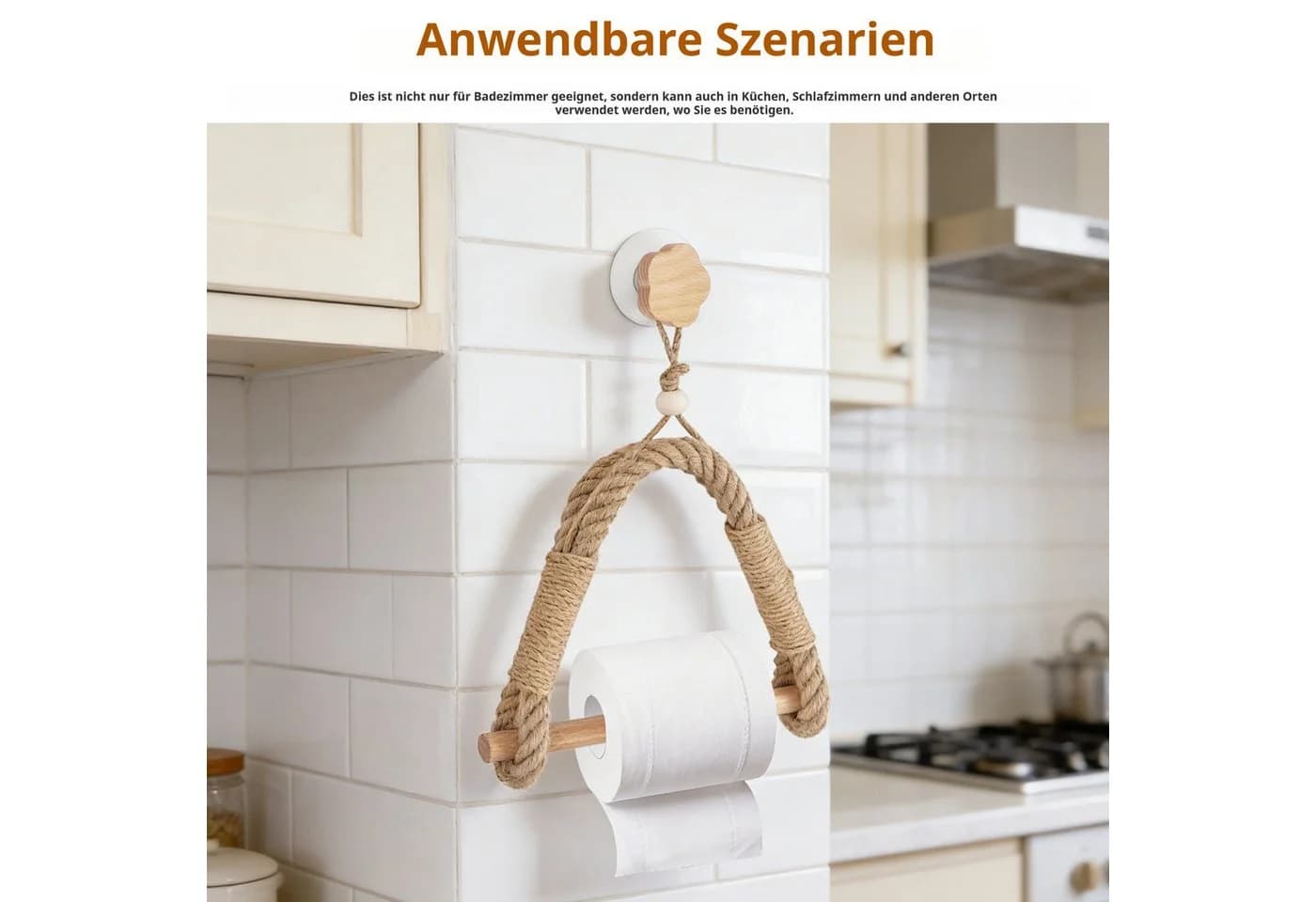 BlingBin Toilettenpapierhalter Vintage Holz Hanfseil Beige