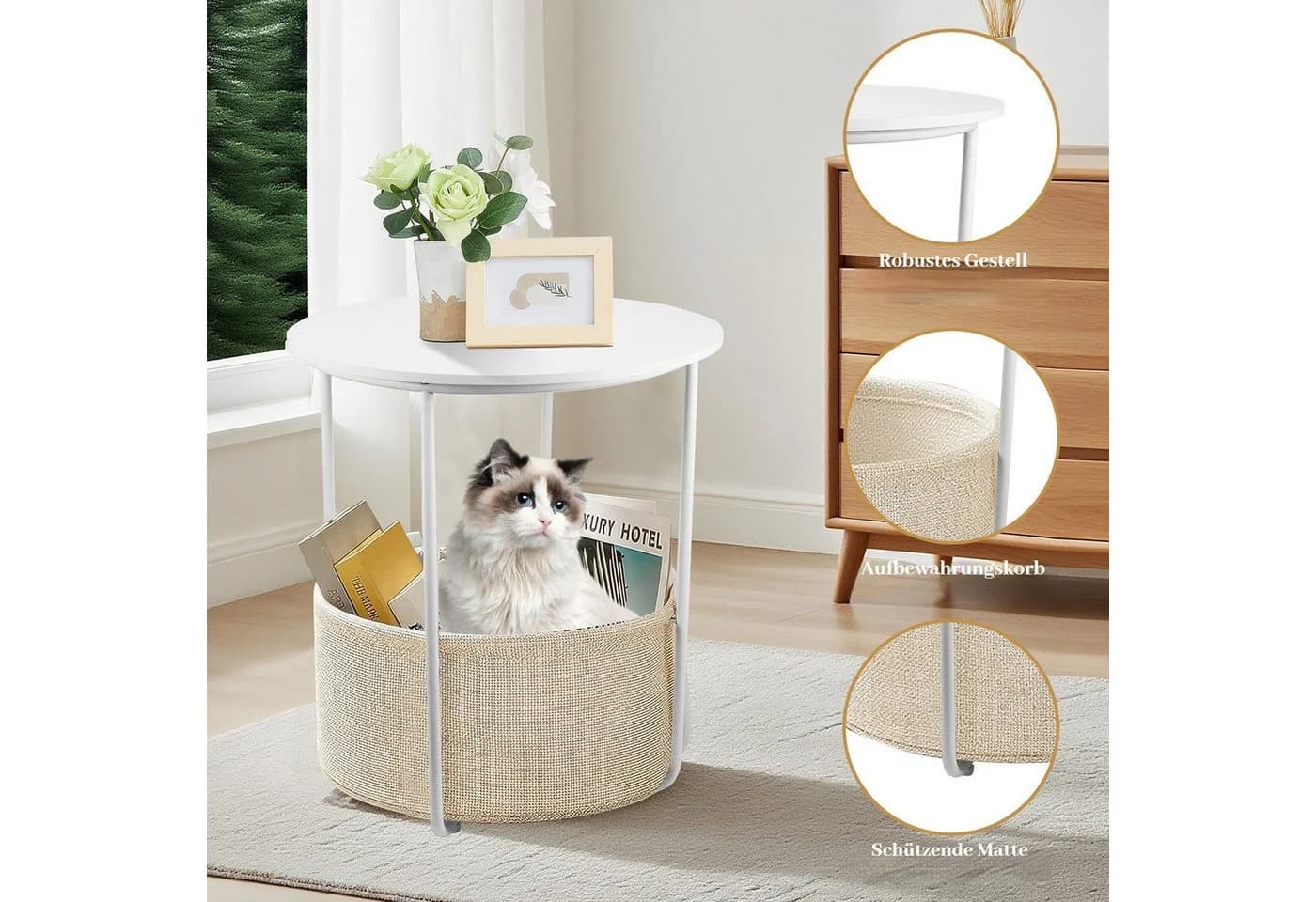 BlingBin Beistelltisch Rund Weiß Beige mit Stoffkorb