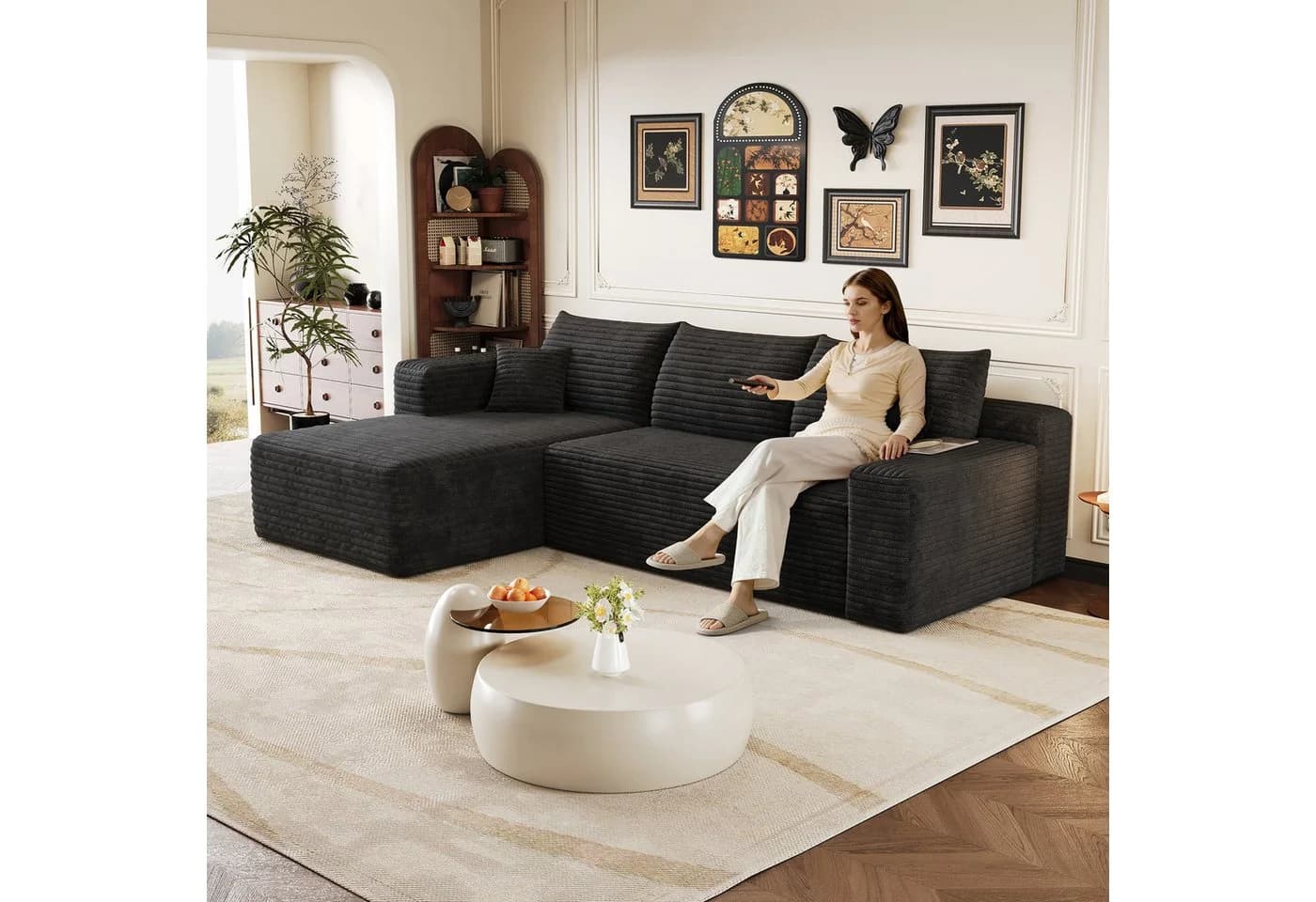 BlingBin Wolken Sofa L-Form Schwarz Cordstoff vormontiert