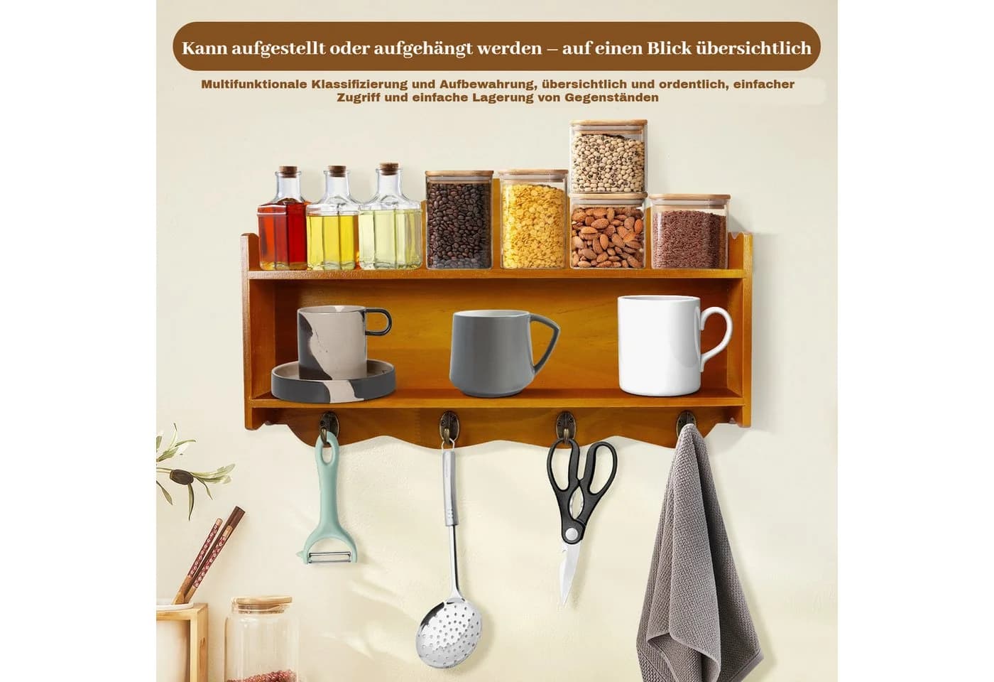 BlingBin Gewürzregal 2 Ebenen Hängend Küchenregal 4 Haken Massivholz