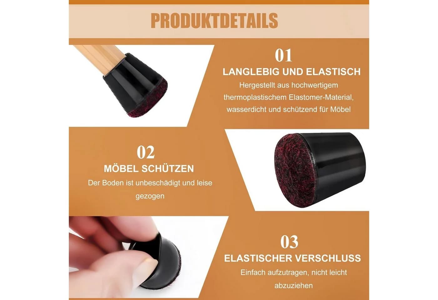 BlingBin Stuhlbeinkappen mit Filz Schwarz 24er Set Silikon Bodenschutz