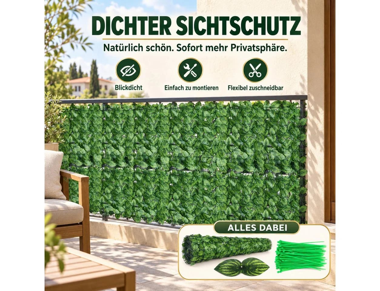 LEMLIT Kunsthecken-Sichtschutz Efeu Grün UV-Schutz