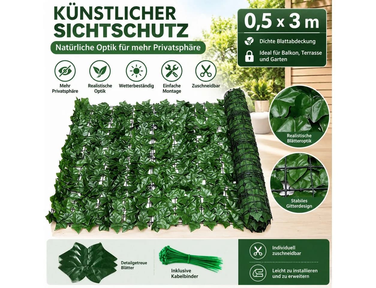 LEMLIT Balkonsichtschutz Künstlicher Efeu Grün 0,5x3m