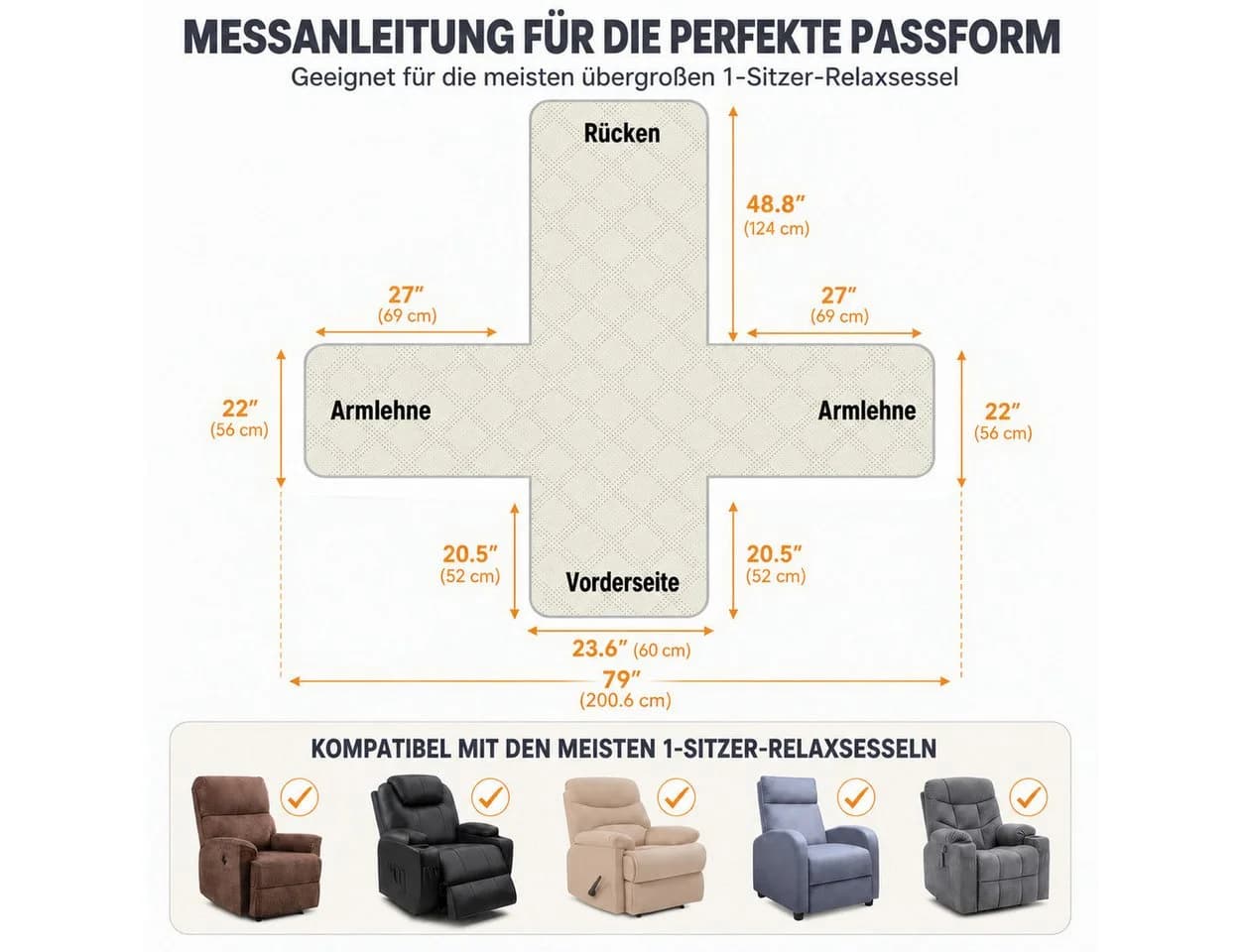 LEMLIT Sesselschoner Wasserdicht mit Seitentaschen Anti-Rutsch