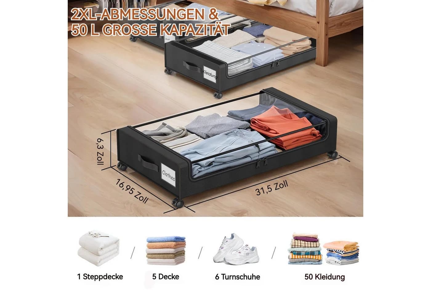 BlingBin Aufbewahrungsbox Unterbettkommode mit Rollen 78,1 x 43,2 x 16,5 cm