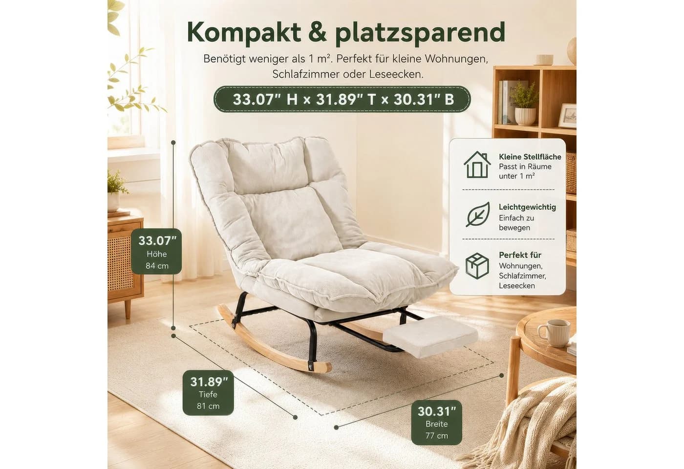 BlingBin Schaukelstuhl mit Fußstütze, verstellbar Rückenlehne, Cord beige