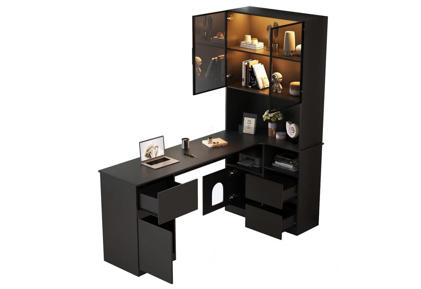 BlingBin Eckschreibtisch mit LED-Vitrinenschrank Schwarz
