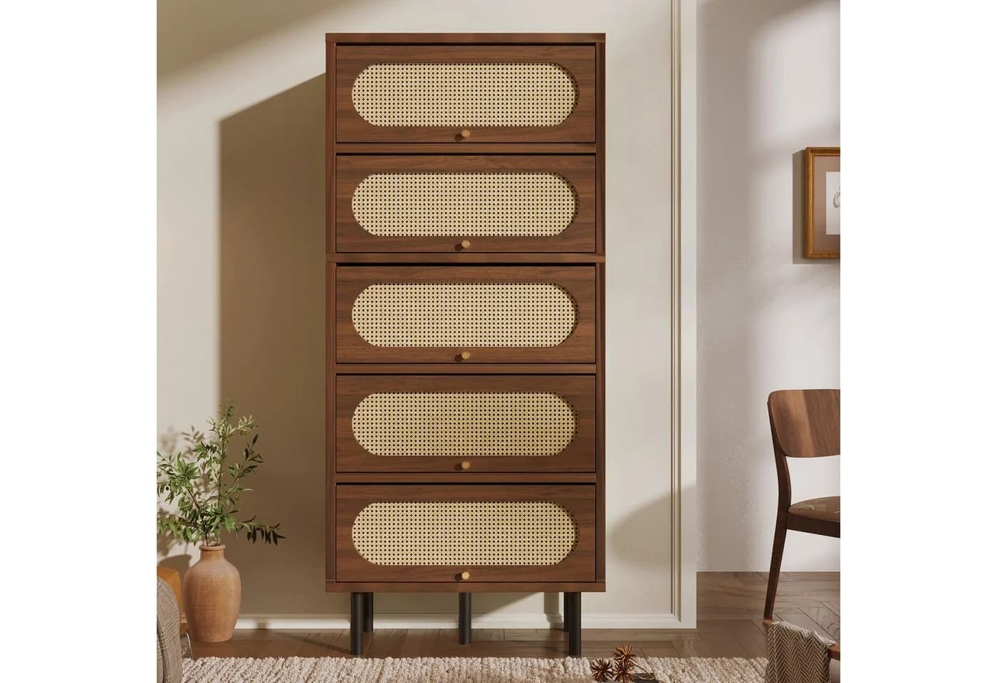 BlingBin Hochschrank Nussbaum mit Rattan Fronten & Metallbeinen