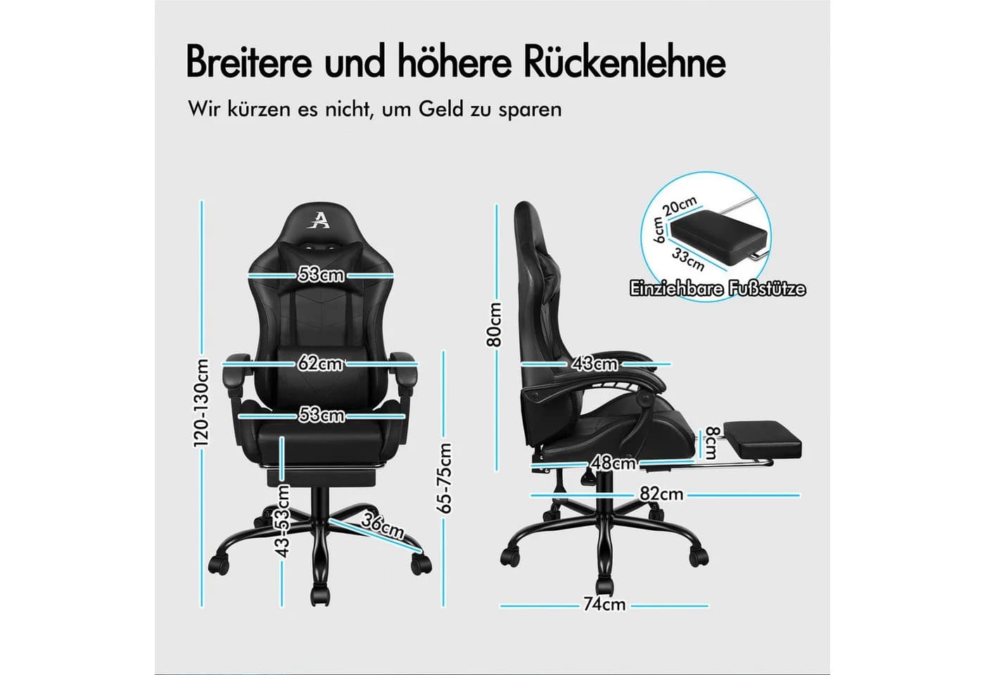 ALFORDSON Gaming-Stuhl mit LED, Massage, 150° Neigung, PU-Leder, Schwarz