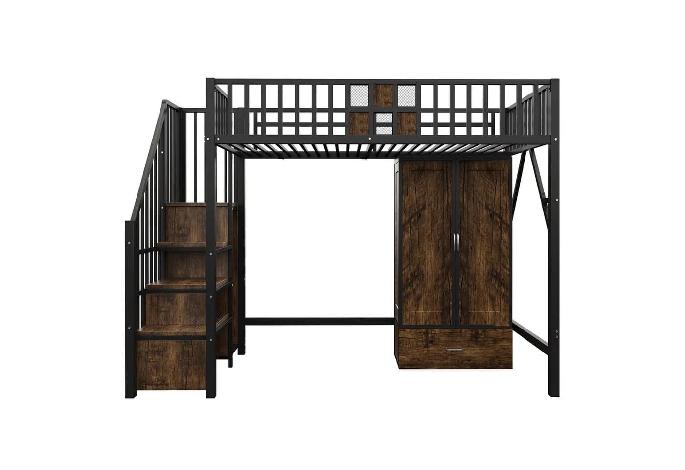 KLAM HOME Hochbett mit integriertem Kleiderschrank und Aufbewahrungsleiter