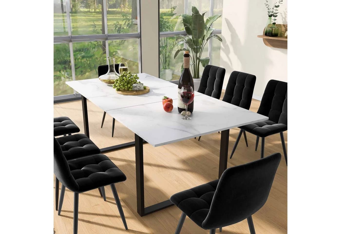 KLAM HOME Esstisch 140/180x80x75cm Weiße MDF-Tischplatte Marmormuster Metallgestell