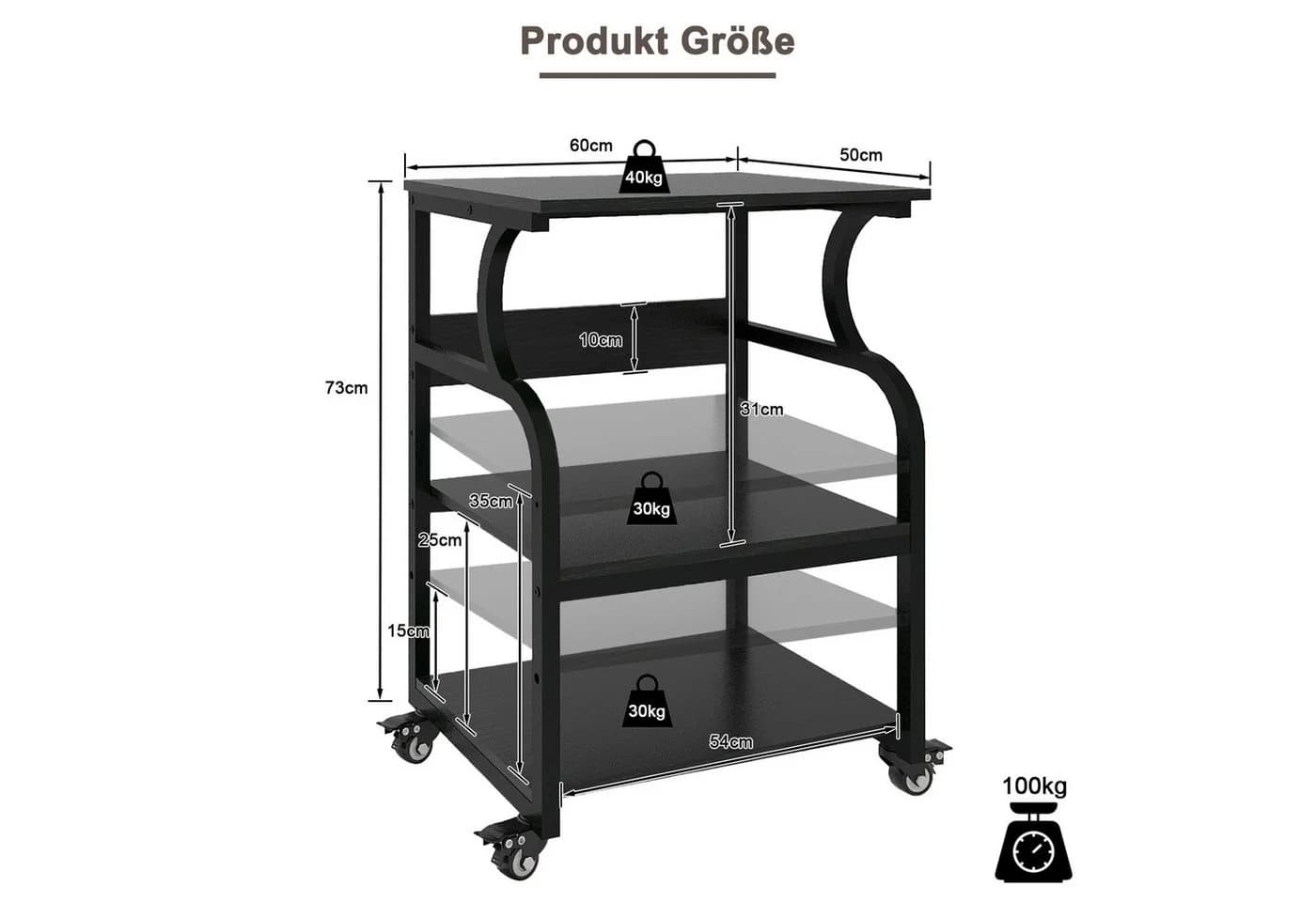 PUNCIA Druckertisch 3 Schichten Schwarz/Weiß/Braun mit Rädern