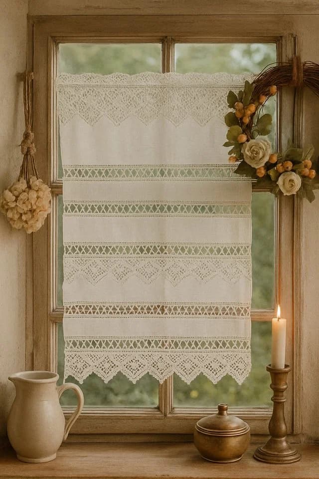 HOSSNER - ART OF HOME DECO Scheibengardine 40x70 cm Vintage Romantische Stickerei Baumwolle