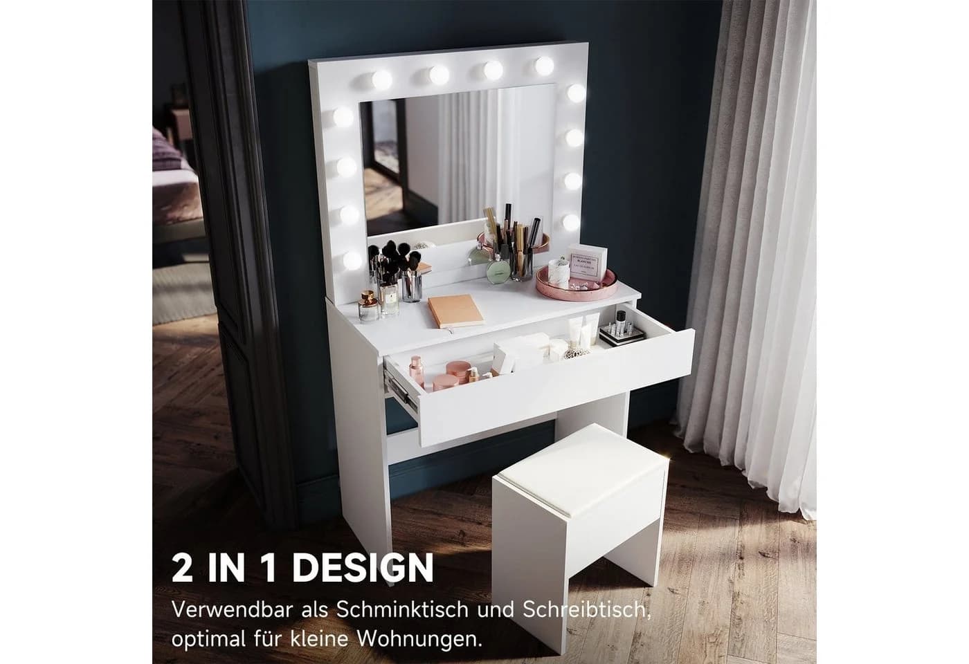 SONNI Schminktisch Schwarz/Weiß mit LED-Beleuchtung