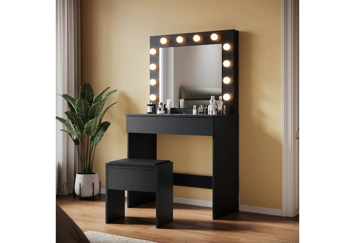 SONNI Schminktisch Modern Schwarz mit Spiegel, Hocker, Schublade, Kosmetiktisch, 3 Lichtmodi