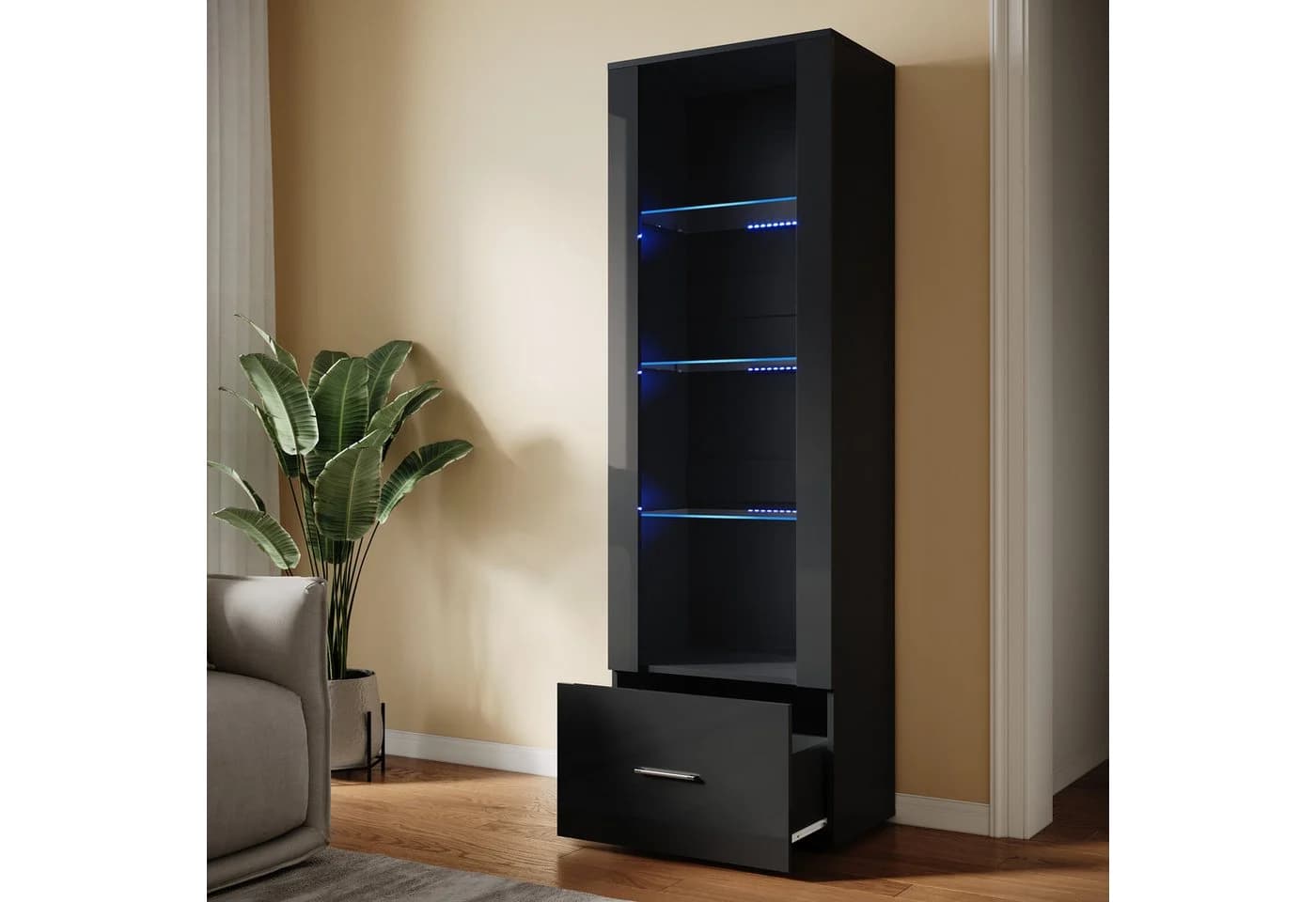 SONNI Glasvitrine Hochglanz Weiß LED-Beleuchtung 55x35x172 cm