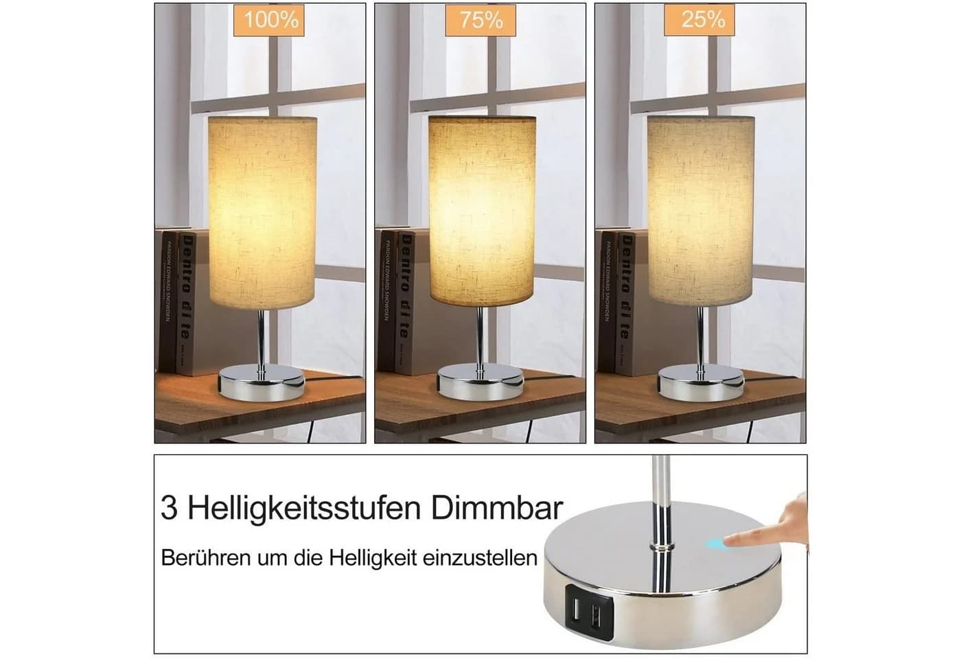 Nettlife Nachttischlampe Touch Dimmbar USB Warmweiß