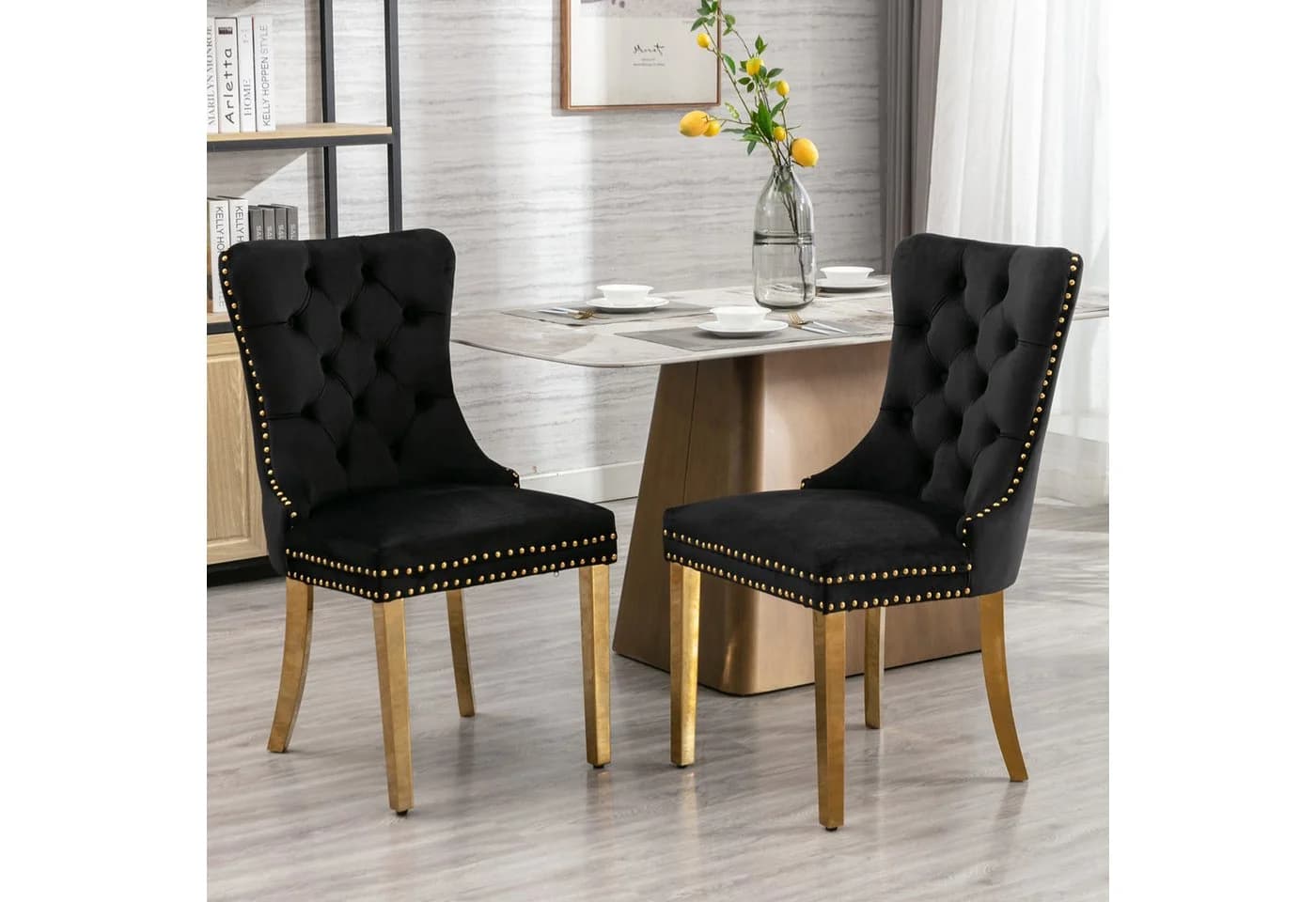 SeedWave Esszimmerstuhl 2er Set Schwarz/Gold Samt mit Ziernieten