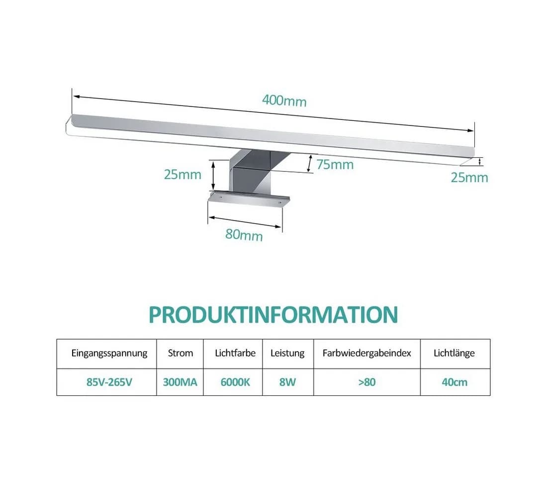 EMKE LED Spiegelleuchte 8W 40cm Aluminium Chrom/Schwarz 4200K