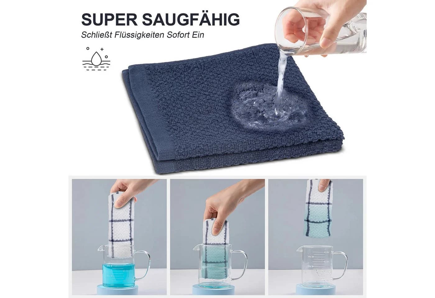 HUGERSTONE Geschirrtuch Set 8-tlg. 100% Baumwolle Blau Grau
