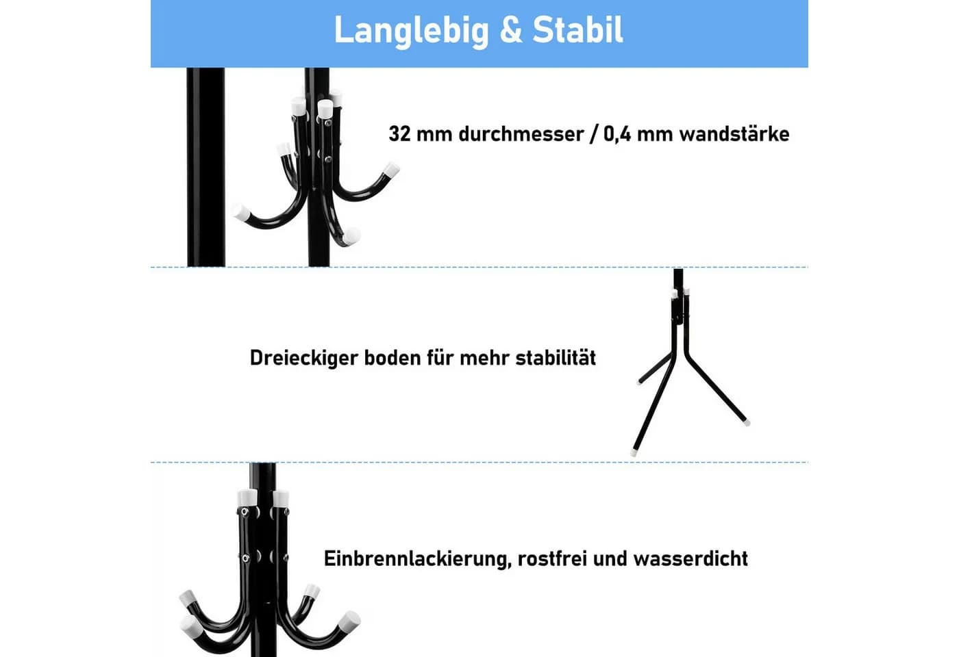 HUGERSTONE Garderobenständer Freistehend Schwarz 12 Haken Stahl
