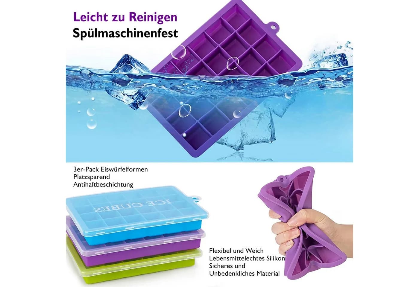 HUGERSTONE Eiswürfelform 3er-Set Silikon mit Deckel